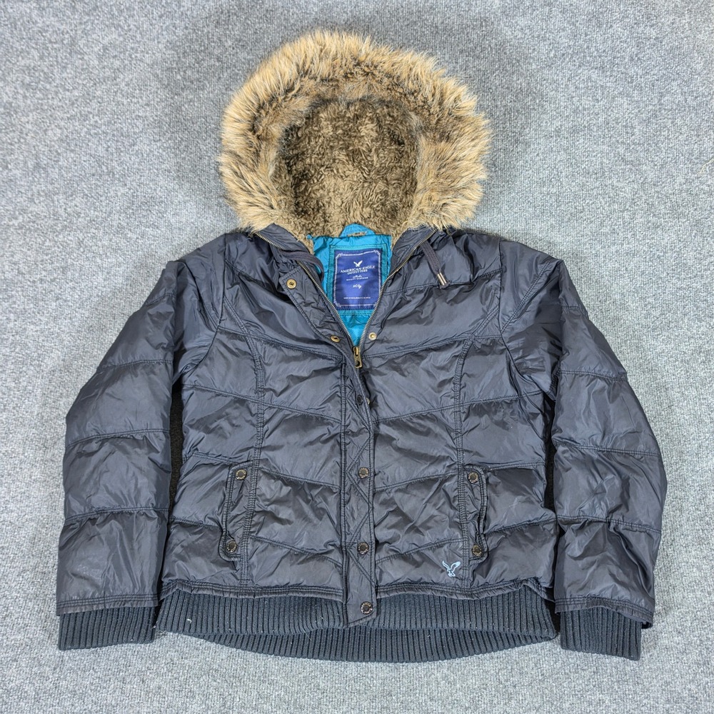 Y2K 2000s American Eagle Outfitters Black Puffer Jacket Faux Fur Hood XL Women